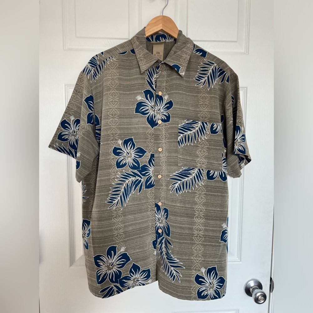 Size large Extreme Gear Hawaiian shirt.  Brown with blue flowers.